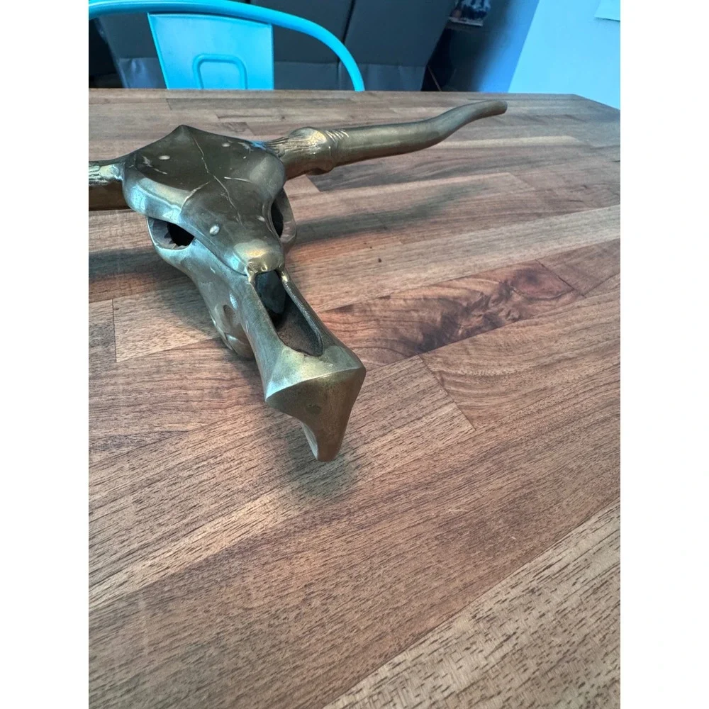 Vintage Brass Longhorn Bull Skull Wall Hanging Western Decor 19.5 Inch Horns